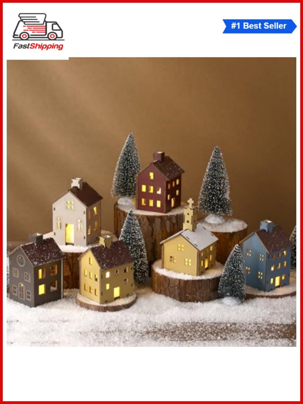 🎅 18pc Wooden Christmas Village Houses Figurine Set with LED Candles & Trees
